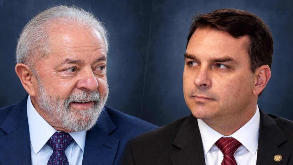 Montagem editorial com Lula à esquerda e Flávio Bolsonaro à direita, voltados um para o outro